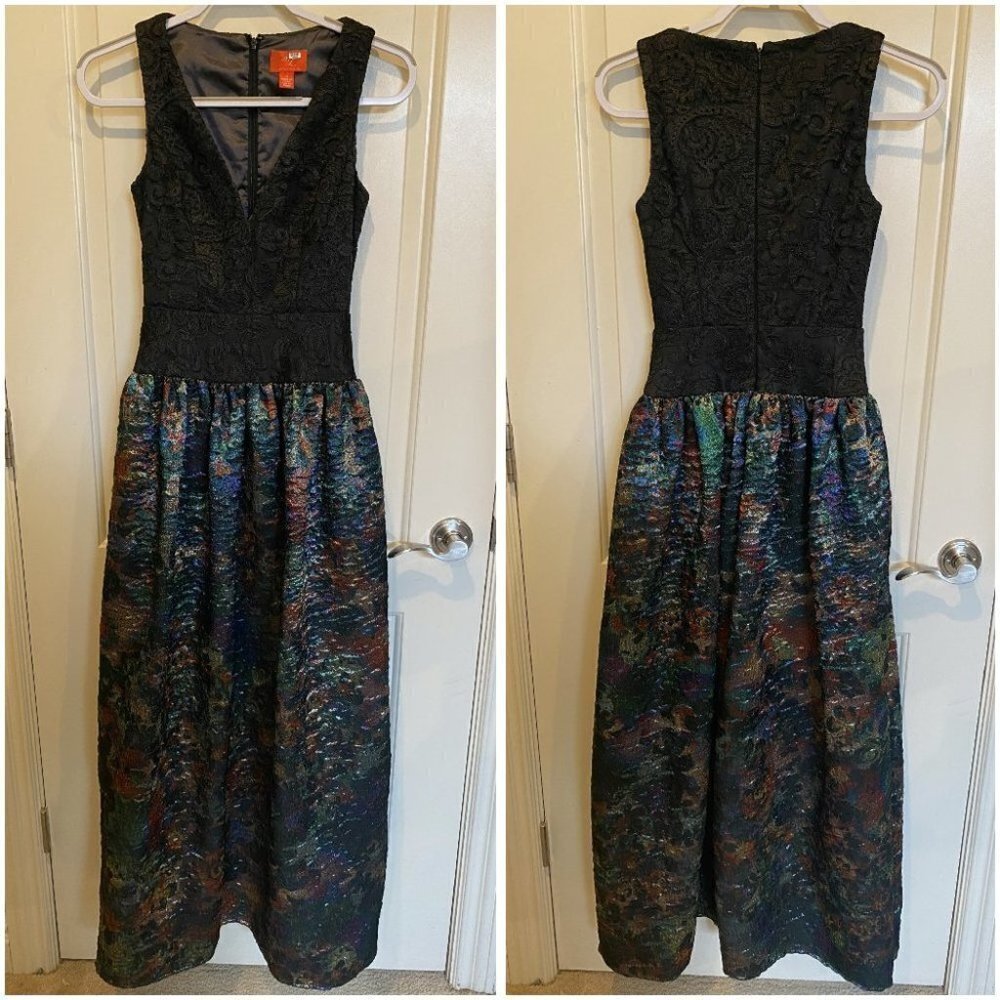 Monique Lhuillier Black Teal Metallic Formal Gown $795 - Picture 7 of 11
